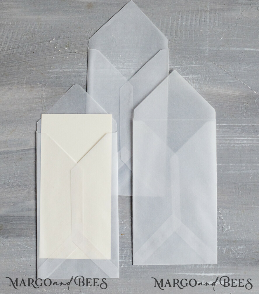 HOCHZEITS EINLADUNGEN Samtene Umschläge DL Vellum transparente Umschläge für Einladungen, lange handgefertigte Umschläge für Hochzeitseinladungen.