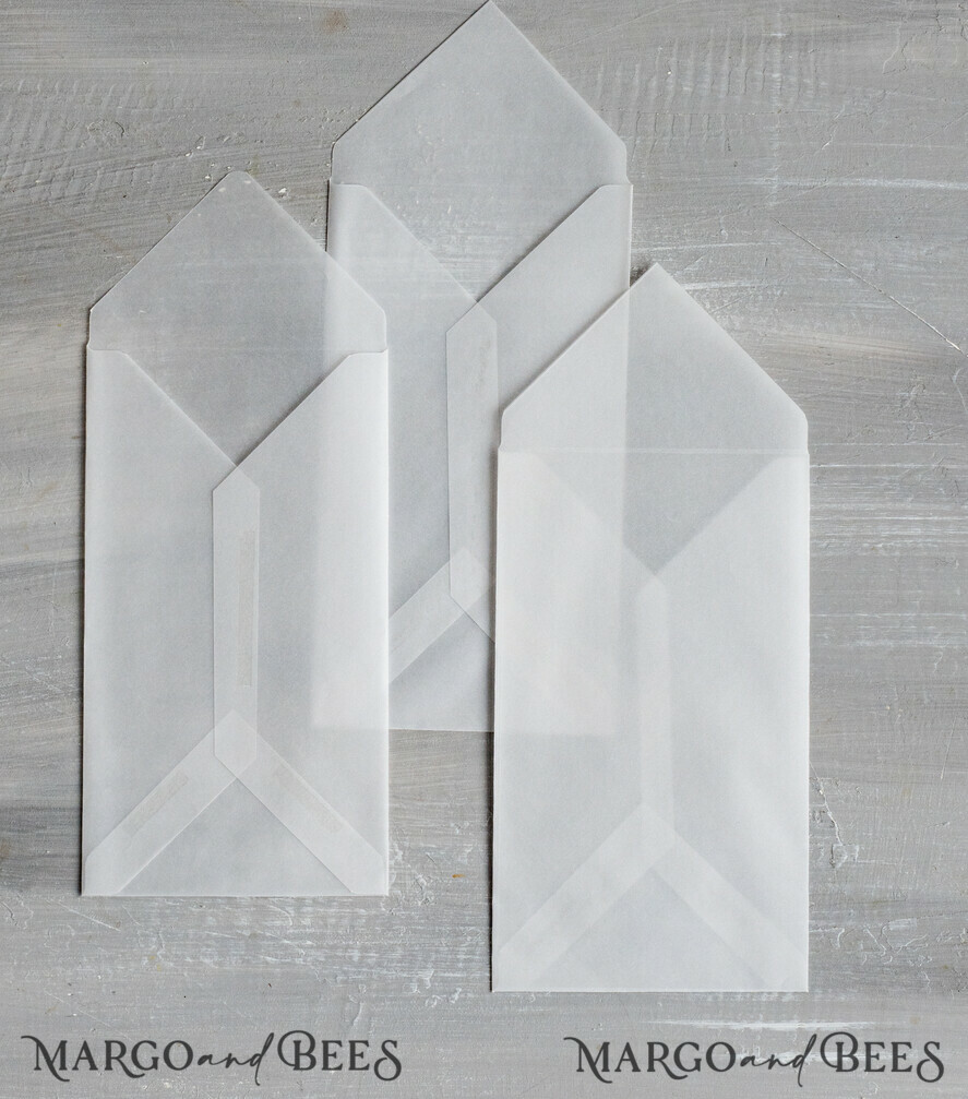 HOCHZEITS EINLADUNGEN Samtene Umschläge DL Vellum transparente Umschläge für Einladungen, lange handgefertigte Umschläge für Hochzeitseinladungen.
