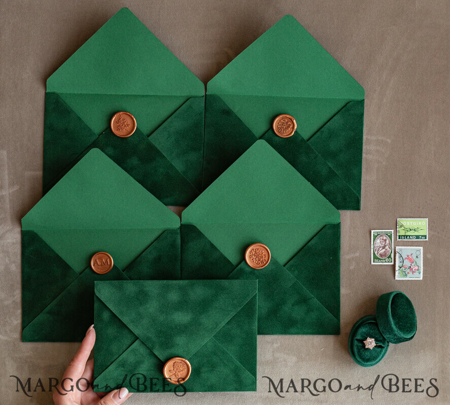 HOCHZEITS EINLADUNGEN Samtene Umschläge Emwrald Gold Velvet Umschläge für Einladungen, a7 handgefertigte Samtumschläge für Hochzeitskarten