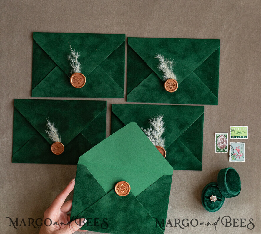 HOCHZEITS EINLADUNGEN Samtene Umschläge Emwrald Gold Velvet Umschläge für Einladungen, a7 handgefertigte Samtumschläge für Hochzeitskarten