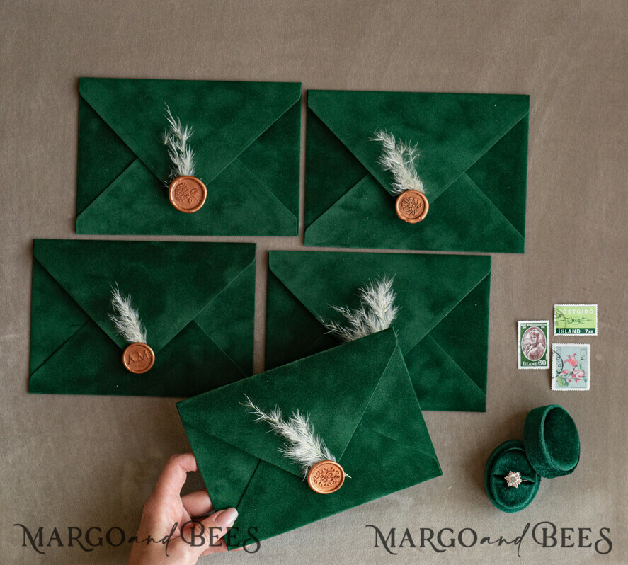 HOCHZEITS EINLADUNGEN Samtene Umschläge Emwrald Gold Velvet Umschläge für Einladungen, a7 handgefertigte Samtumschläge für Hochzeitskarten