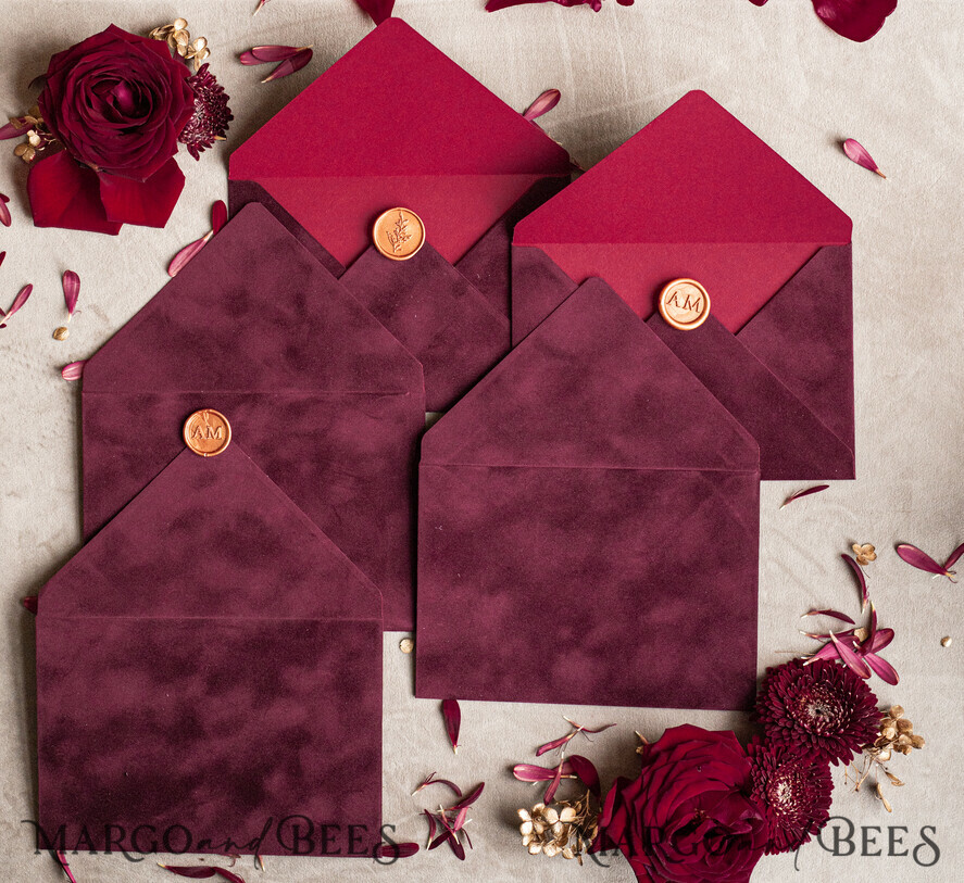 WEDDING INVITATIONS Velvet Envelopes  Maroon Velvet envelopes for invitations,  Marsala Velvet handmade  Envelopes  with liner for Wedding cards