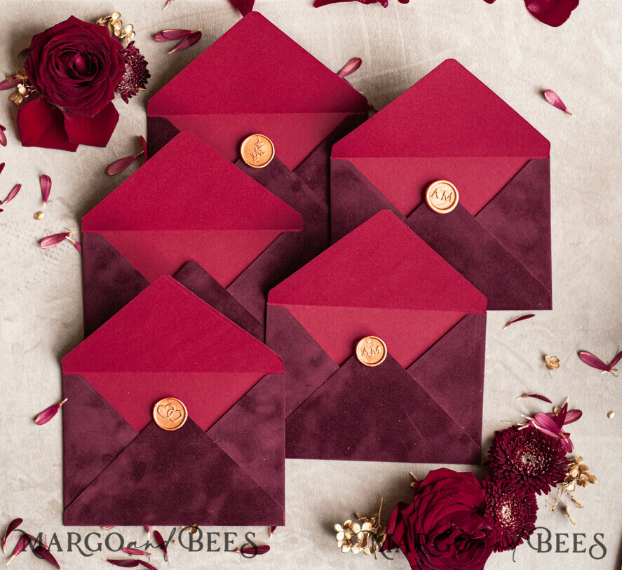 WEDDING INVITATIONS Velvet Envelopes  Maroon Velvet envelopes for invitations,  Marsala Velvet handmade  Envelopes  with liner for Wedding cards