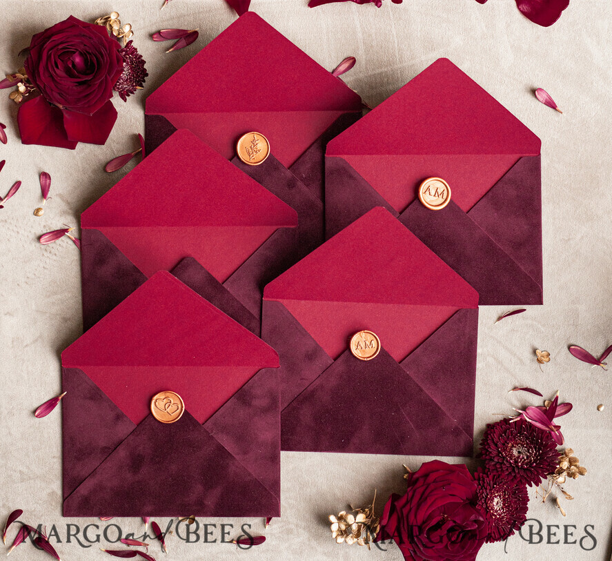 WEDDING INVITATIONS Velvet Envelopes  Maroon Velvet envelopes for invitations,  Marsala Velvet handmade  Envelopes  with liner for Wedding cards