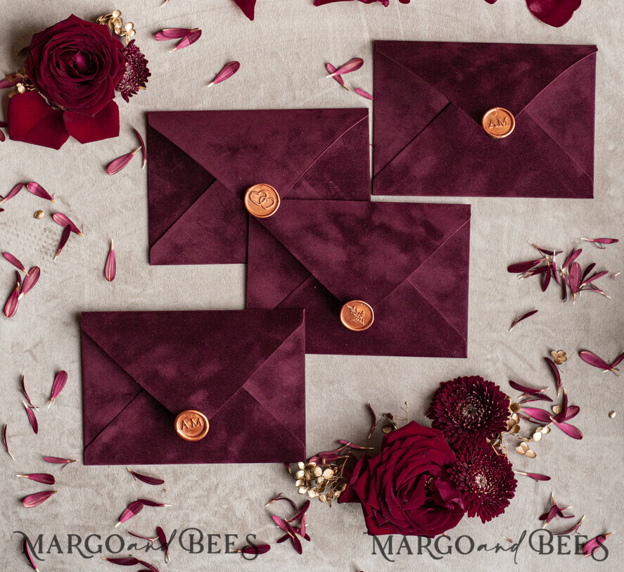 WEDDING INVITATIONS Velvet Envelopes  Maroon Velvet envelopes for invitations,  Marsala Velvet handmade  Envelopes  with liner for Wedding cards