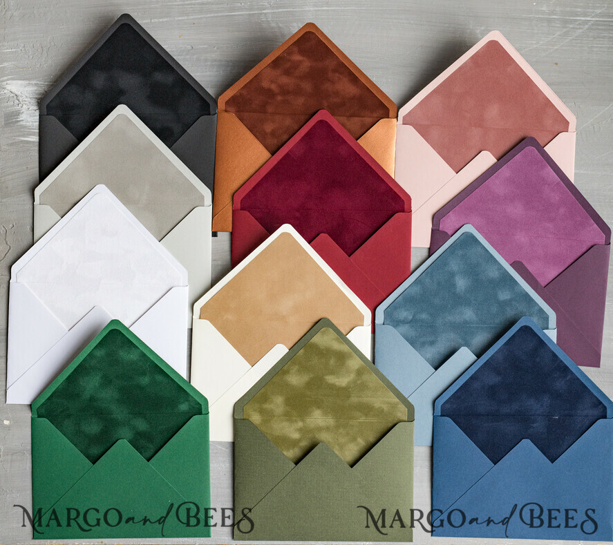 WEDDING INVITATIONS Velvet Envelopes  custom colors envelopes for invitations with velvet liners, a7 handmade  Envelopes with velvet liner for Wedding cards