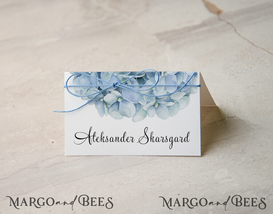 Delicate White Wedding Place Cards with Blue Twine, Elegant Dusty Blue  Floral Graphic, Modern Design Wedding Name Tags, Hydrangea Custom Guest  Names Cards