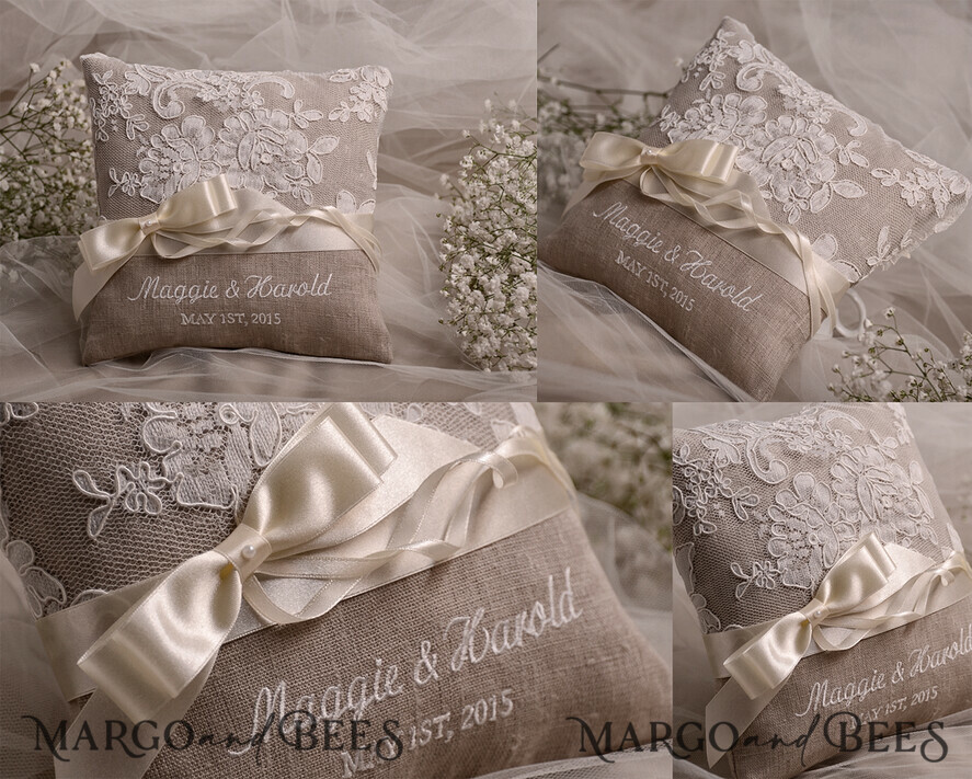MFH Wedding Ring Bearer Pillow 8x8 White Cotton W Jute Bow