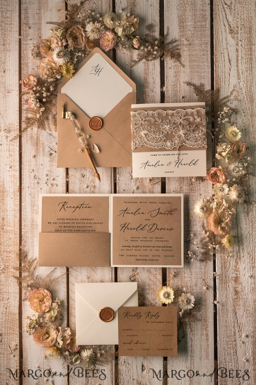 Personalised Wedding Day & Evening Invitations Kraft and Lace Vintage Rustic 