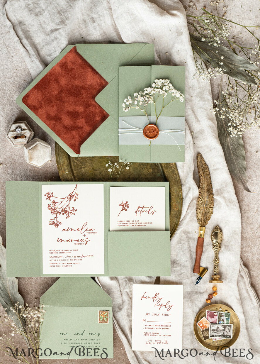 WEDDING INVITATIONS rustic / country / shabby chick Terracotta Sage green wedding inviation set, Natural baby breath flowers wedding invitations suite Minimalistic Modern Boho Garden Wedding Invites