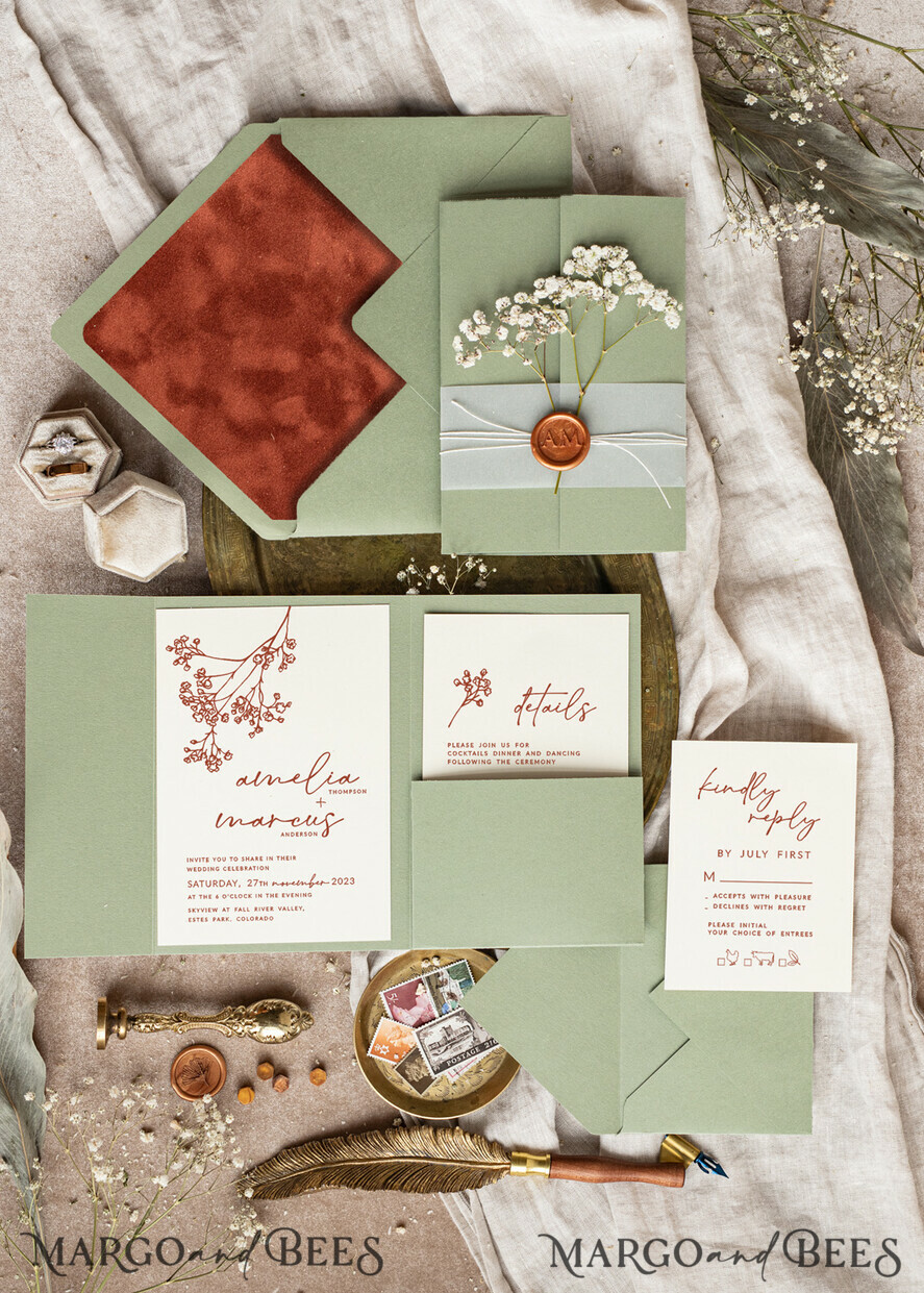 WEDDING INVITATIONS rustic / country / shabby chick Terracotta Sage green wedding inviation set, Natural baby breath flowers wedding invitations suite Minimalistic Modern Boho Garden Wedding Invites