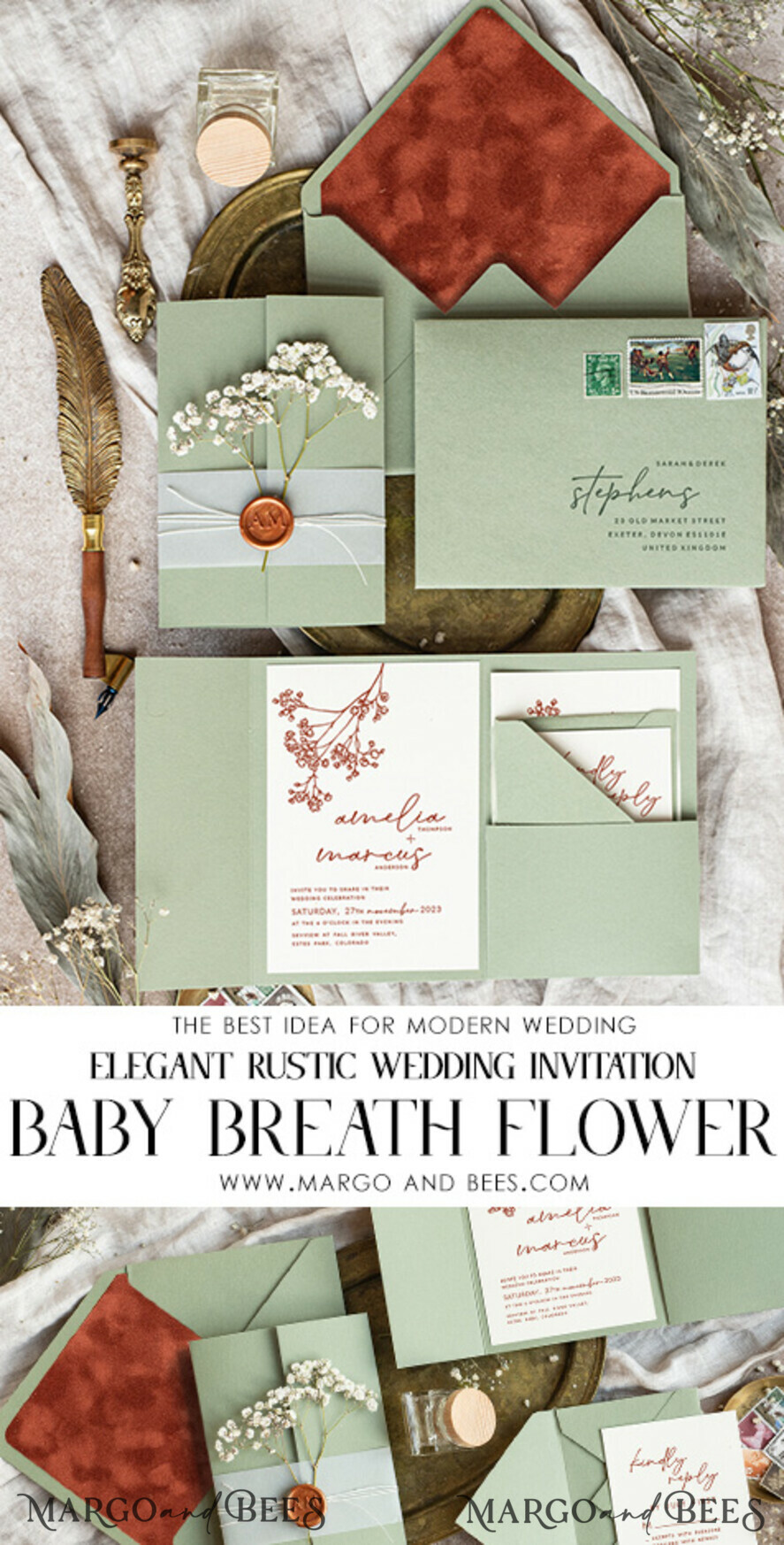 WEDDING INVITATIONS rustic / country / shabby chick Terracotta Sage green wedding inviation set, Natural baby breath flowers wedding invitations suite Minimalistic Modern Boho Garden Wedding Invites