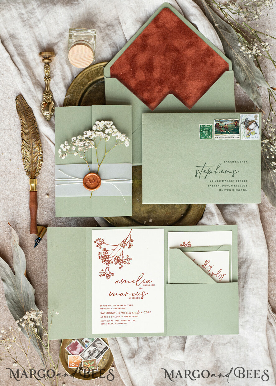 WEDDING INVITATIONS rustic / country / shabby chick Terracotta Sage green wedding inviation set, Natural baby breath flowers wedding invitations suite Minimalistic Modern Boho Garden Wedding Invites