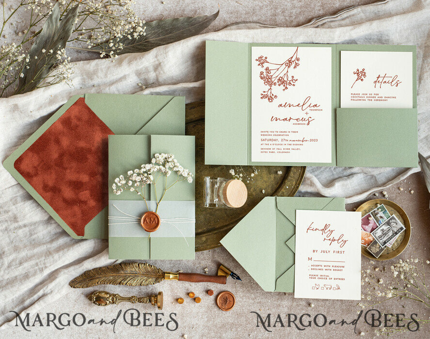 WEDDING INVITATIONS rustic / country / shabby chick Terracotta Sage green wedding inviation set, Natural baby breath flowers wedding invitations suite Minimalistic Modern Boho Garden Wedding Invites