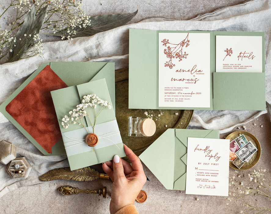 WEDDING INVITATIONS rustic / country / shabby chick Terracotta Sage green wedding inviation set, Natural baby breath flowers wedding invitations suite Minimalistic Modern Boho Garden Wedding Invites