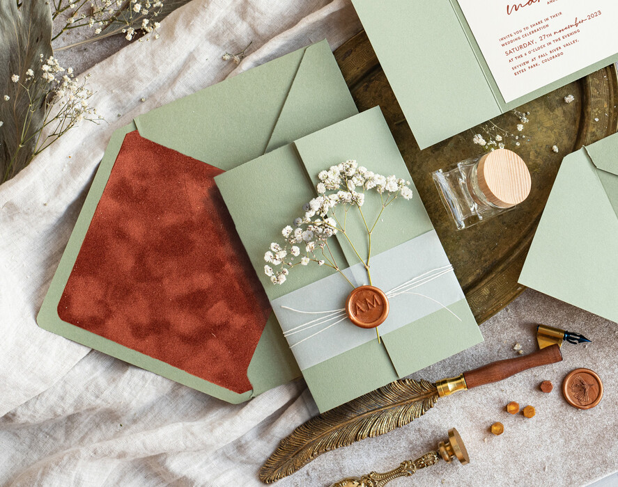 WEDDING INVITATIONS rustic / country / shabby chick Terracotta Sage green wedding inviation set, Natural baby breath flowers wedding invitations suite Minimalistic Modern Boho Garden Wedding Invites