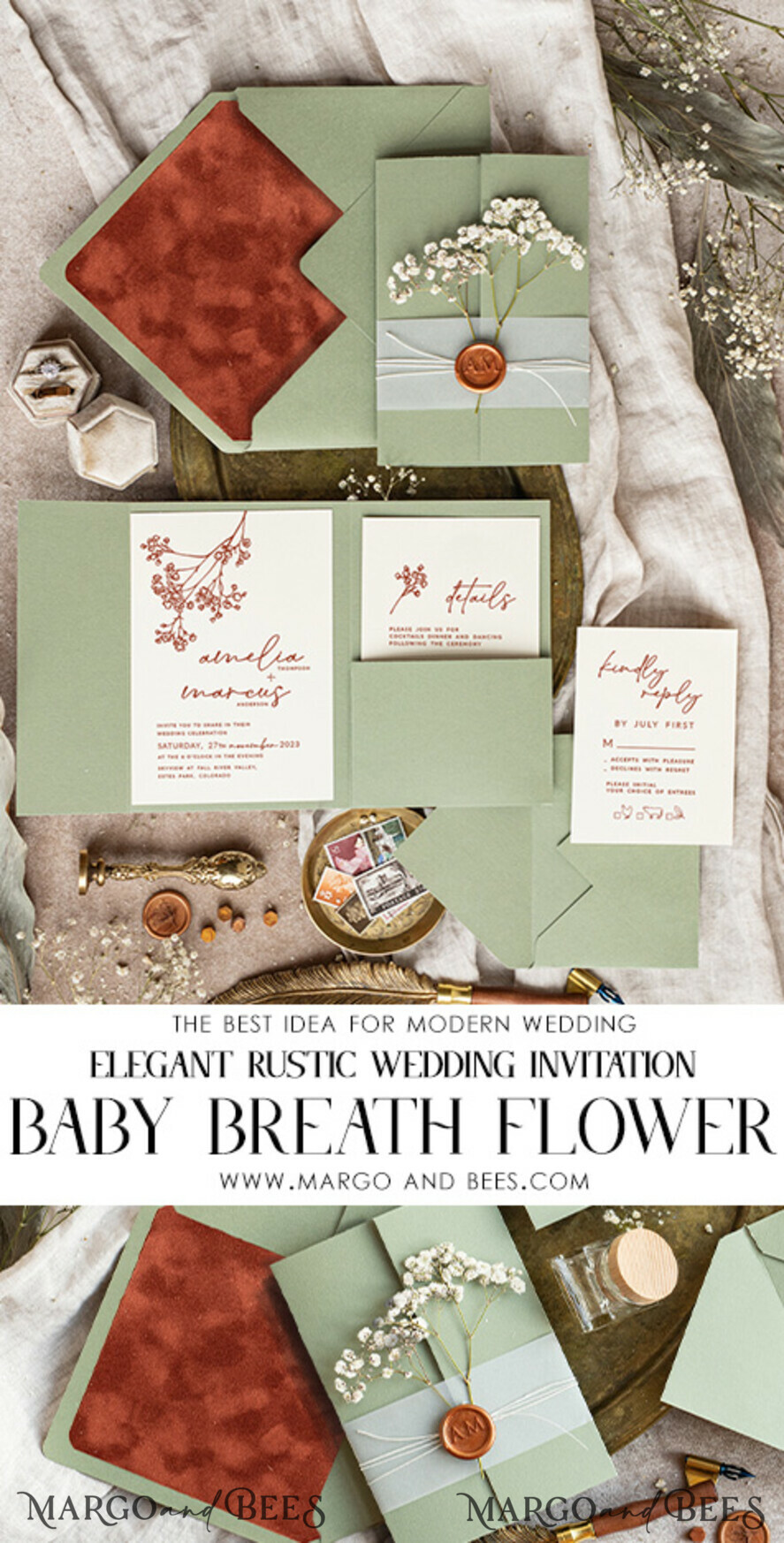 WEDDING INVITATIONS rustic / country / shabby chick Terracotta Sage green wedding inviation set, Natural baby breath flowers wedding invitations suite Minimalistic Modern Boho Garden Wedding Invites