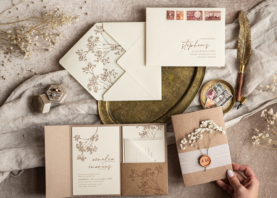 WEDDING INVITATIONS rustic / country / shabby chick Natural baby breath flowers wedding invitation suite, Minimalistic rustical wedding invitations set, eco invitation set, Beige Modern boho wedding invites