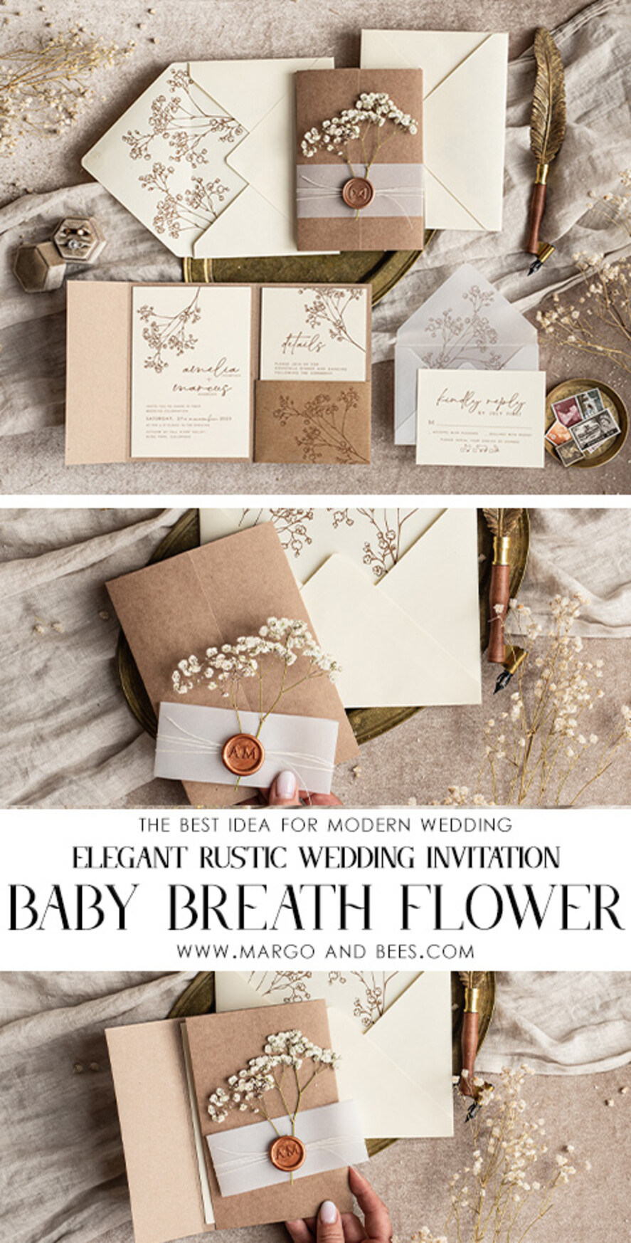 WEDDING INVITATIONS rustic / country / shabby chick Natural baby breath flowers wedding invitation suite, Minimalistic rustical wedding invitations set, eco invitation set, Beige Modern boho wedding invites