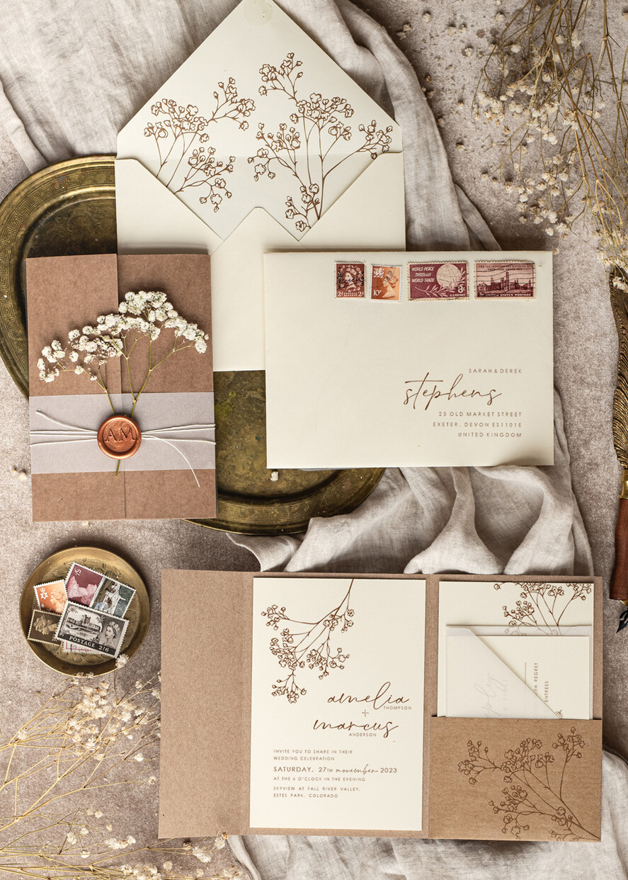 WEDDING INVITATIONS rustic / country / shabby chick Natural baby breath flowers wedding invitation suite, Minimalistic rustical wedding invitations set, eco invitation set, Beige Modern boho wedding invites