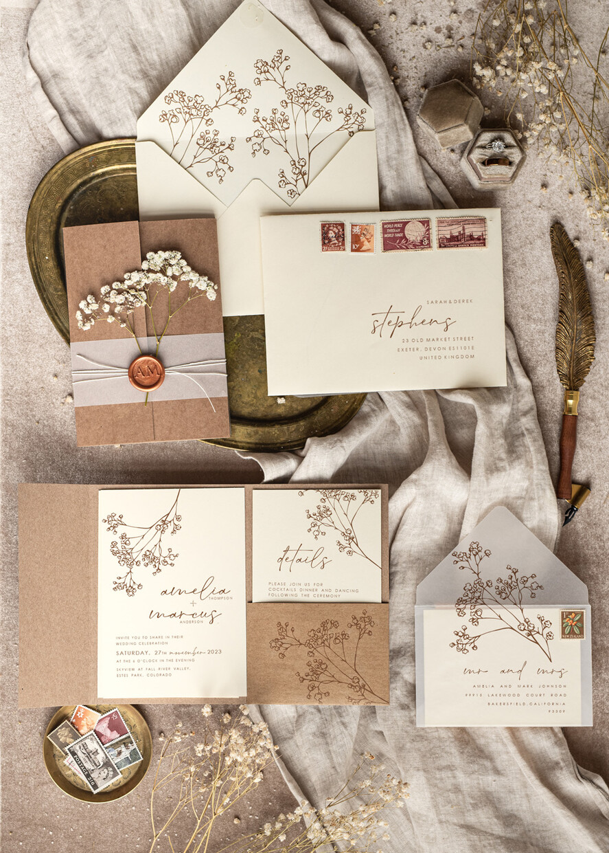 WEDDING INVITATIONS rustic / country / shabby chick Natural baby breath flowers wedding invitation suite, Minimalistic rustical wedding invitations set, eco invitation set, Beige Modern boho wedding invites