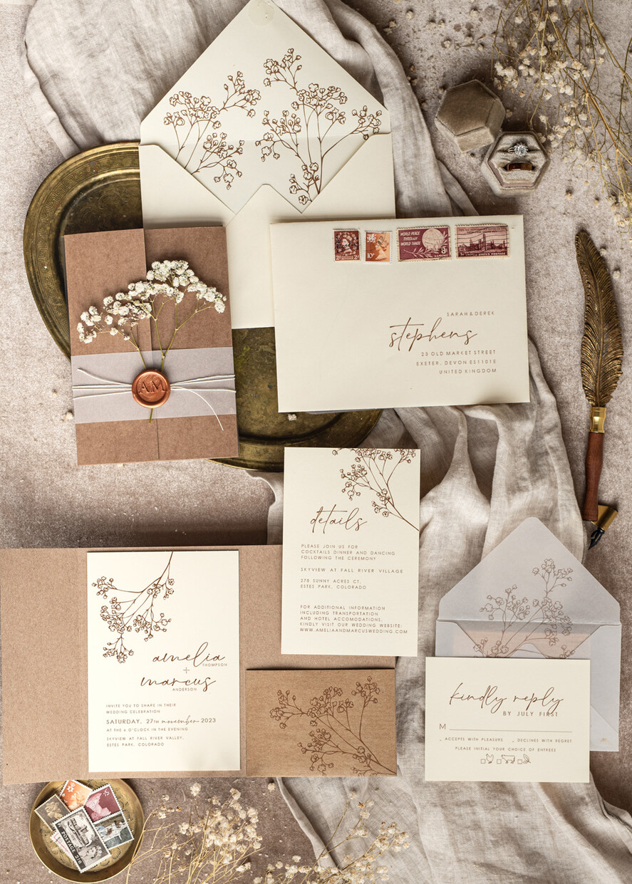 WEDDING INVITATIONS rustic / country / shabby chick Natural baby breath flowers wedding invitation suite, Minimalistic rustical wedding invitations set, eco invitation set, Beige Modern boho wedding invites