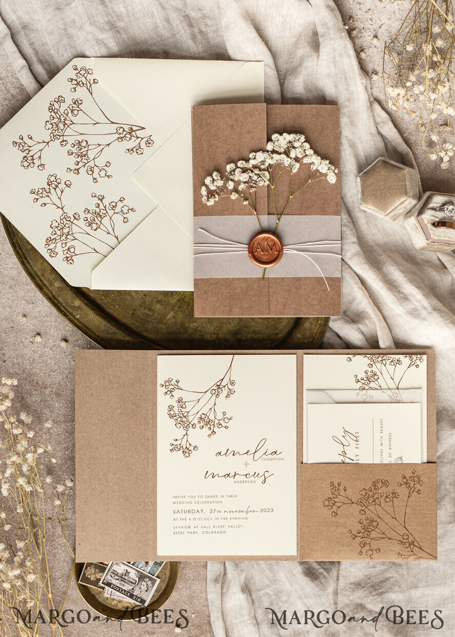 WEDDING INVITATIONS rustic / country / shabby chick Natural baby breath flowers wedding invitation suite, Minimalistic rustical wedding invitations set, eco invitation set, Beige Modern boho wedding invites