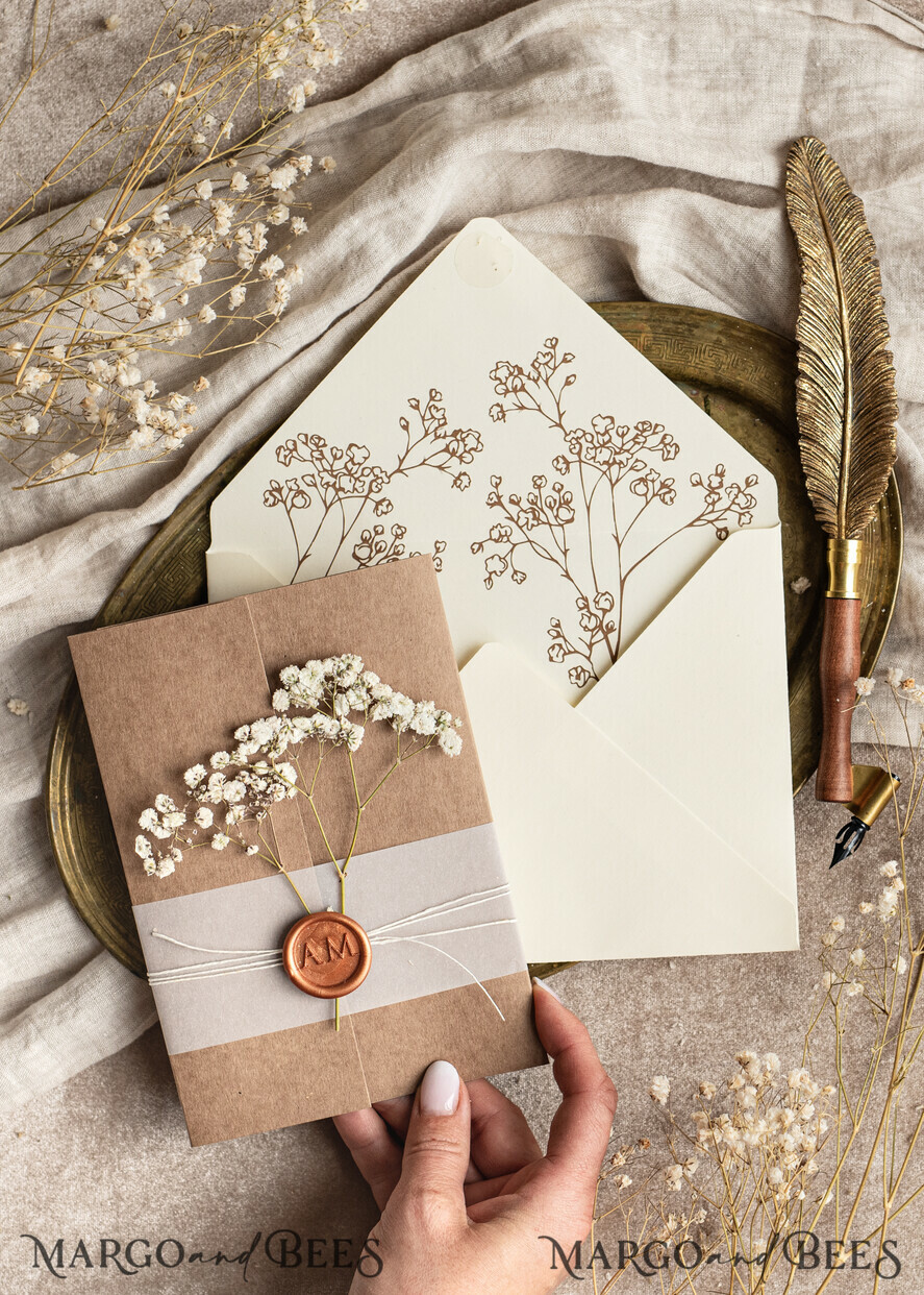 WEDDING INVITATIONS rustic / country / shabby chick Natural baby breath flowers wedding invitation suite, Minimalistic rustical wedding invitations set, eco invitation set, Beige Modern boho wedding invites