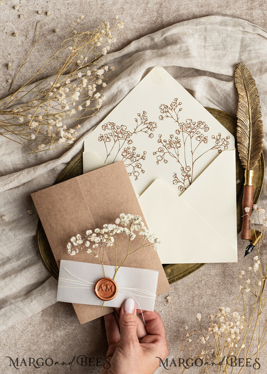 WEDDING INVITATIONS rustic / country / shabby chick Natural baby breath flowers wedding invitation suite, Minimalistic rustical wedding invitations set, eco invitation set, Beige Modern boho wedding invites