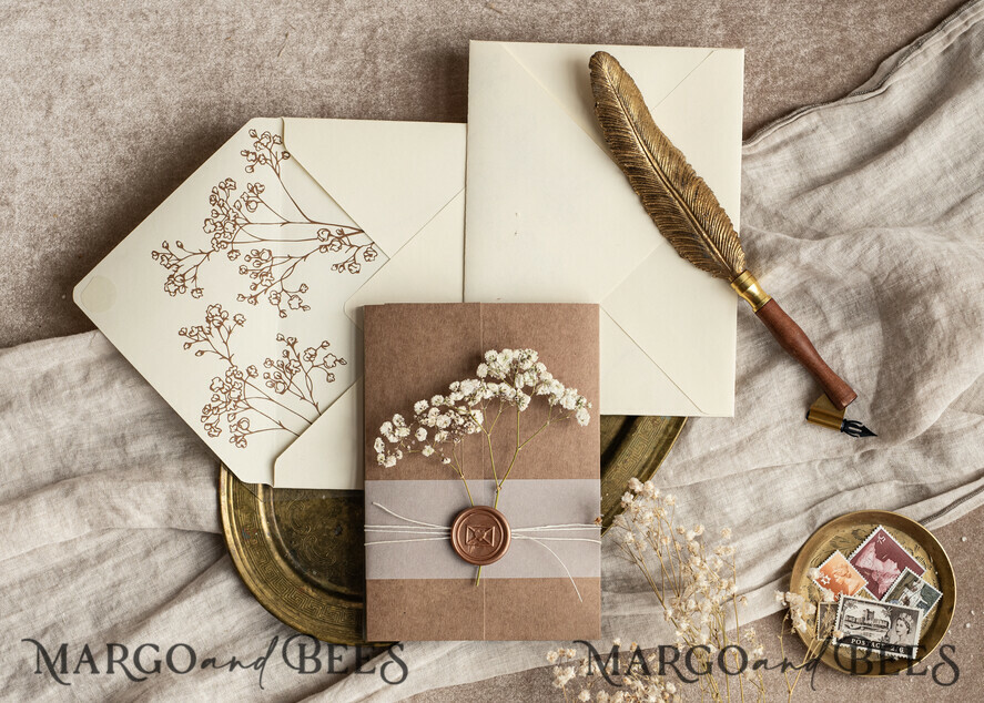 WEDDING INVITATIONS rustic / country / shabby chick Natural baby breath flowers wedding invitation suite, Minimalistic rustical wedding invitations set, eco invitation set, Beige Modern boho wedding invites