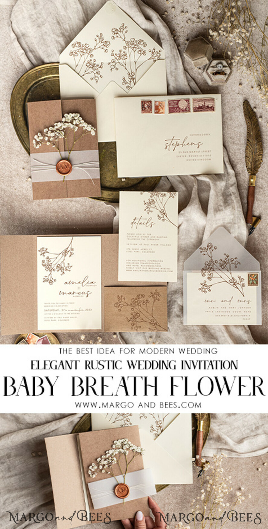 WEDDING INVITATIONS rustic / country / shabby chick Natural baby breath flowers wedding invitation suite, Minimalistic rustical wedding invitations set, eco invitation set, Beige Modern boho wedding invites