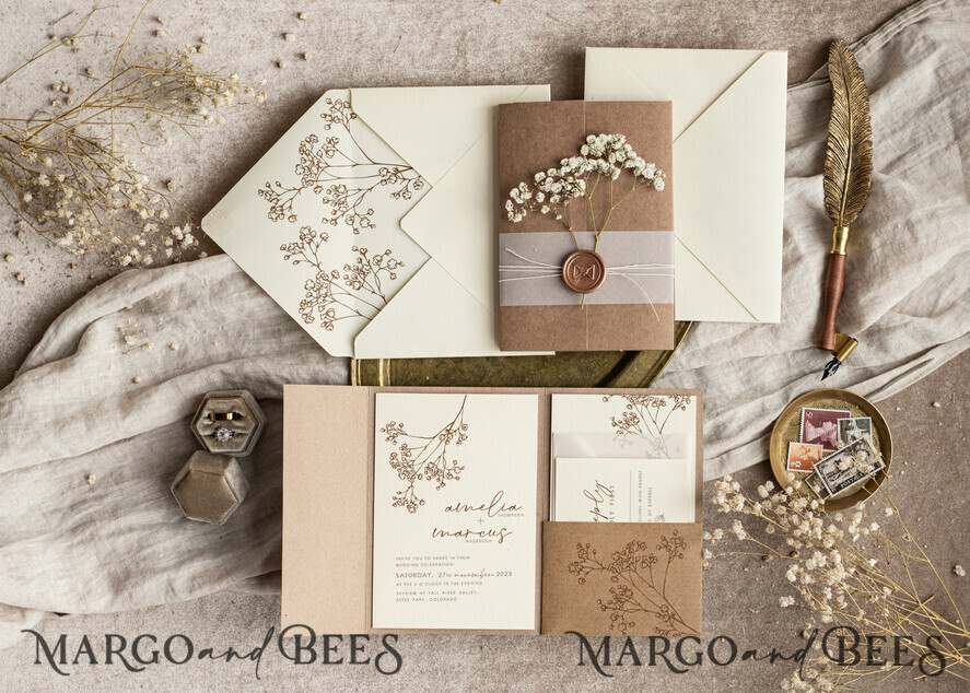 WEDDING INVITATIONS rustic / country / shabby chick Natural baby breath flowers wedding invitation suite, Minimalistic rustical wedding invitations set, eco invitation set, Beige Modern boho wedding invites