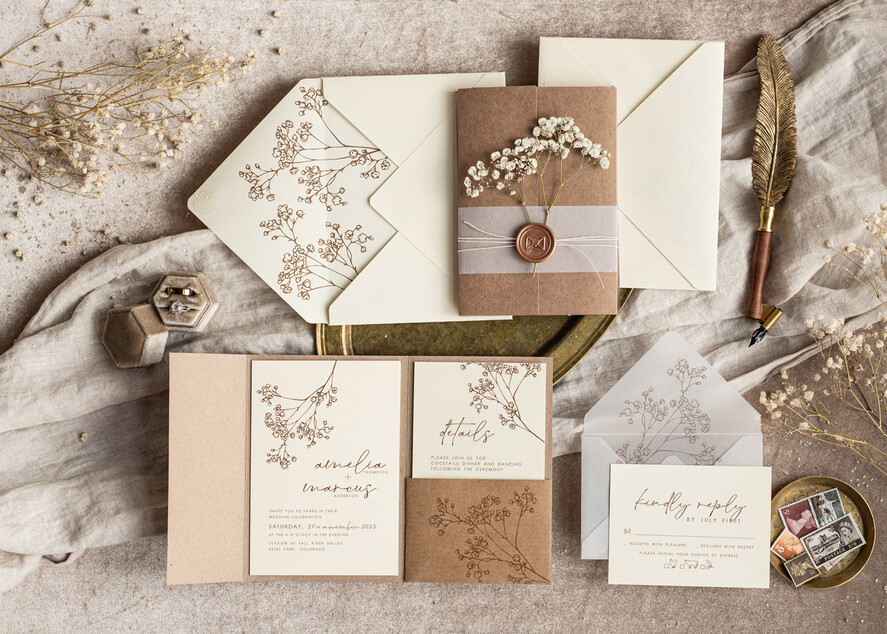 WEDDING INVITATIONS rustic / country / shabby chick Natural baby breath flowers wedding invitation suite, Minimalistic rustical wedding invitations set, eco invitation set, Beige Modern boho wedding invites