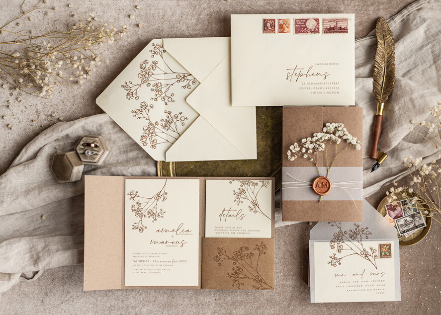 WEDDING INVITATIONS rustic / country / shabby chick Natural baby breath flowers wedding invitation suite, Minimalistic rustical wedding invitations set, eco invitation set, Beige Modern boho wedding invites