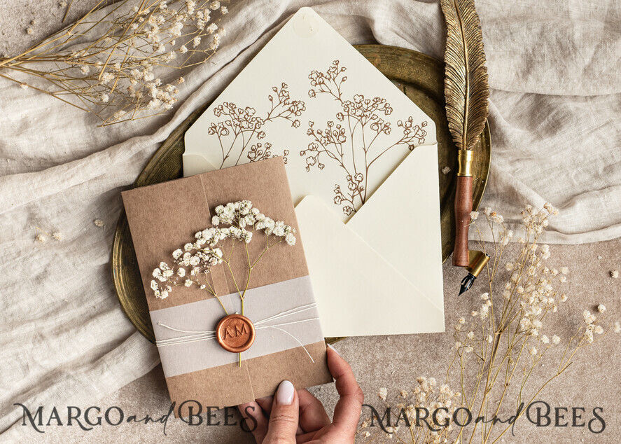 WEDDING INVITATIONS rustic / country / shabby chick Natural baby breath flowers wedding invitation suite, Minimalistic rustical wedding invitations set, eco invitation set, Beige Modern boho wedding invites