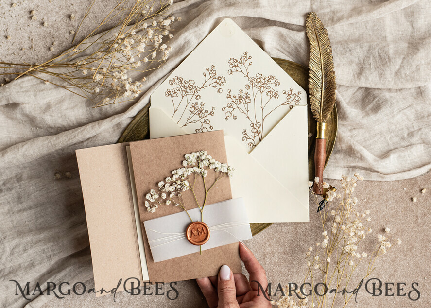 WEDDING INVITATIONS rustic / country / shabby chick Natural baby breath flowers wedding invitation suite, Minimalistic rustical wedding invitations set, eco invitation set, Beige Modern boho wedding invites