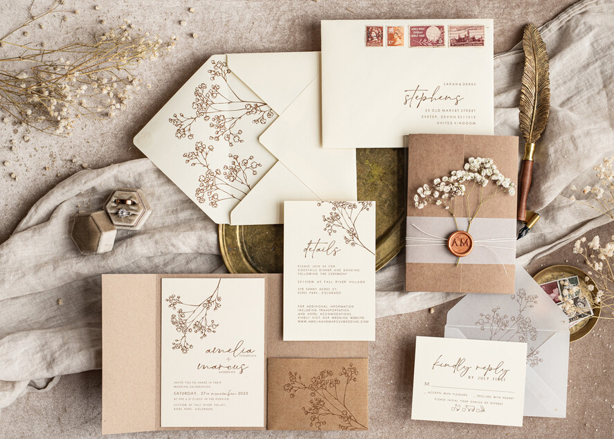 WEDDING INVITATIONS rustic / country / shabby chick Natural baby breath flowers wedding invitation suite, Minimalistic rustical wedding invitations set, eco invitation set, Beige Modern boho wedding invites