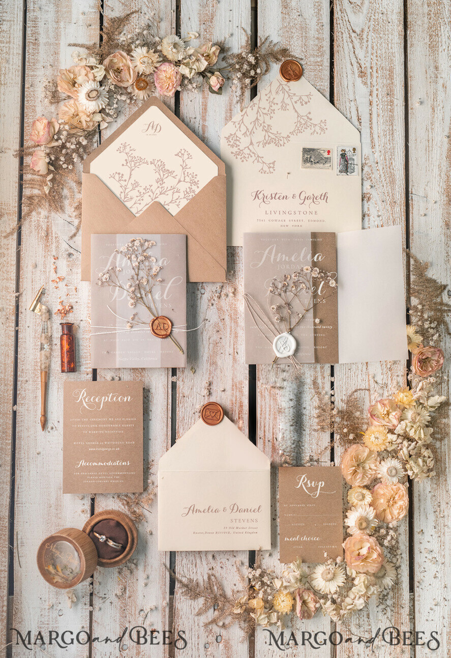 WEDDING INVITATIONS rustic / country / shabby chick Rustic Wedding Invitations Uk Real Gypsophila Vellum Wrap with Wax Seal Baby Breath Flowers on HandMade Envelope