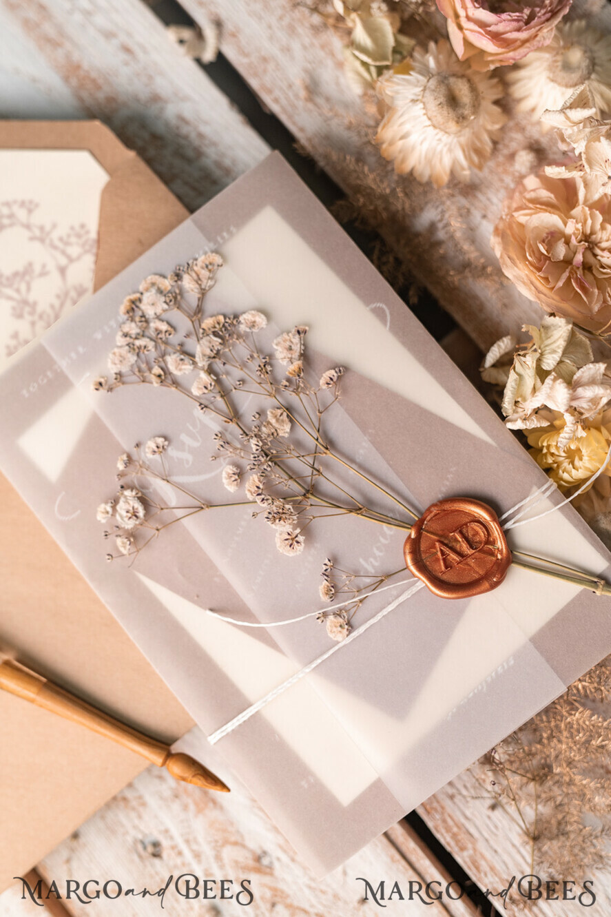 WEDDING INVITATIONS rustic / country / shabby chick Rustic Wedding Invitations Uk Real Gypsophila Vellum Wrap with Wax Seal Baby Breath Flowers on HandMade Envelope