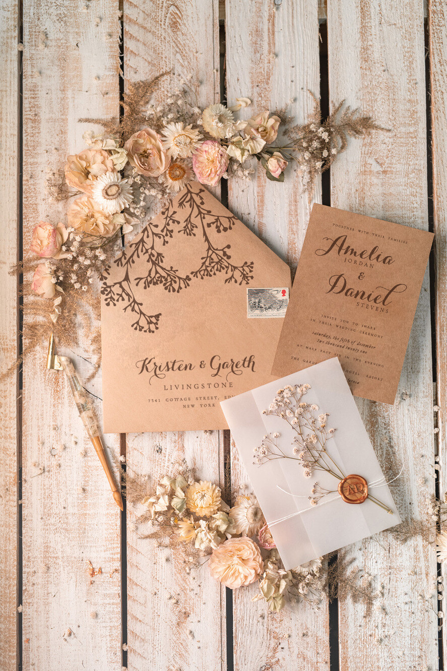WEDDING INVITATIONS rustic / country / shabby chick Rustic Wedding Invitations Uk Real Gypsophila Vellum Wrap with Wax Seal Baby Breath Flowers on HandMade Envelope