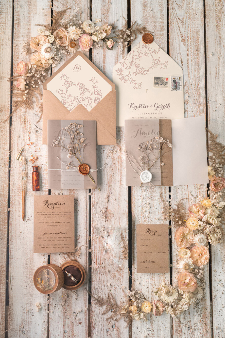 WEDDING INVITATIONS rustic / country / shabby chick Rustic Wedding Invitations Uk Real Gypsophila Vellum Wrap with Wax Seal Baby Breath Flowers on HandMade Envelope