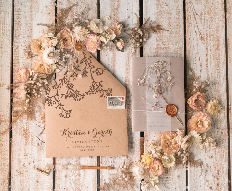 WEDDING INVITATIONS rustic / country / shabby chick Rustic Wedding Invitations Uk Real Gypsophila Vellum Wrap with Wax Seal Baby Breath Flowers on HandMade Envelope