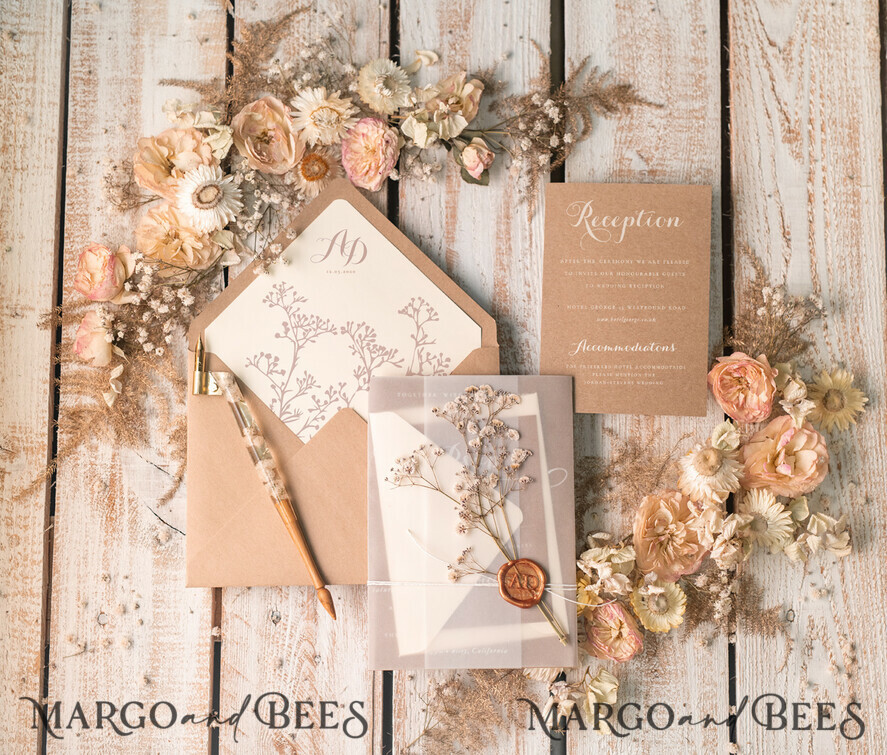WEDDING INVITATIONS rustic / country / shabby chick Rustic Wedding Invitations Uk Real Gypsophila Vellum Wrap with Wax Seal Baby Breath Flowers on HandMade Envelope