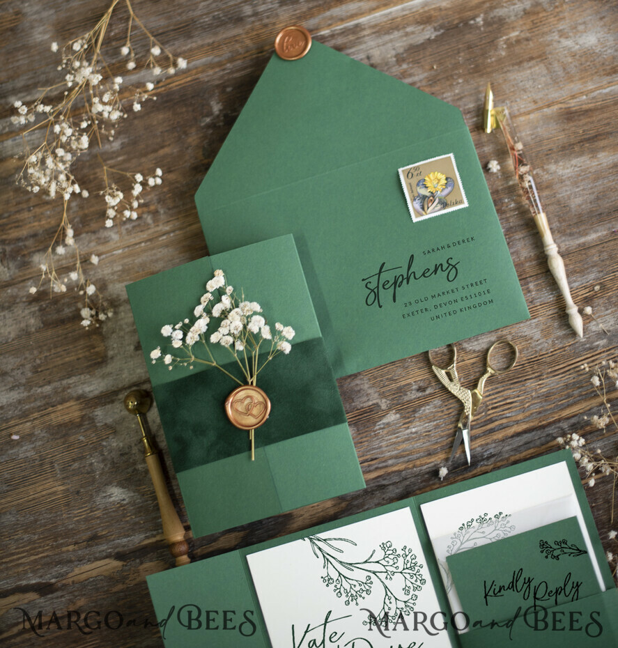 WEDDING INVITATIONS rustic / country / shabby chick Emerald Green wedding Invitation suite, Greenery Velvet invitations set, Modern boho invites set with real baby breath flowers 