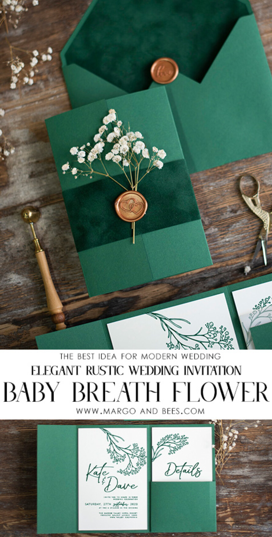 WEDDING INVITATIONS rustic / country / shabby chick Emerald Green wedding Invitation suite, Greenery Velvet invitations set, Modern boho invites set with real baby breath flowers 