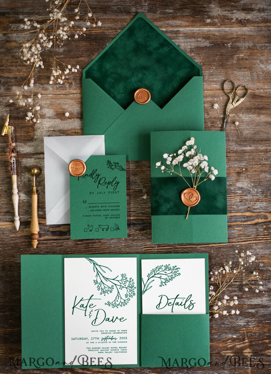 WEDDING INVITATIONS rustic / country / shabby chick Emerald Green wedding Invitation suite, Greenery Velvet invitations set, Modern boho invites set with real baby breath flowers 