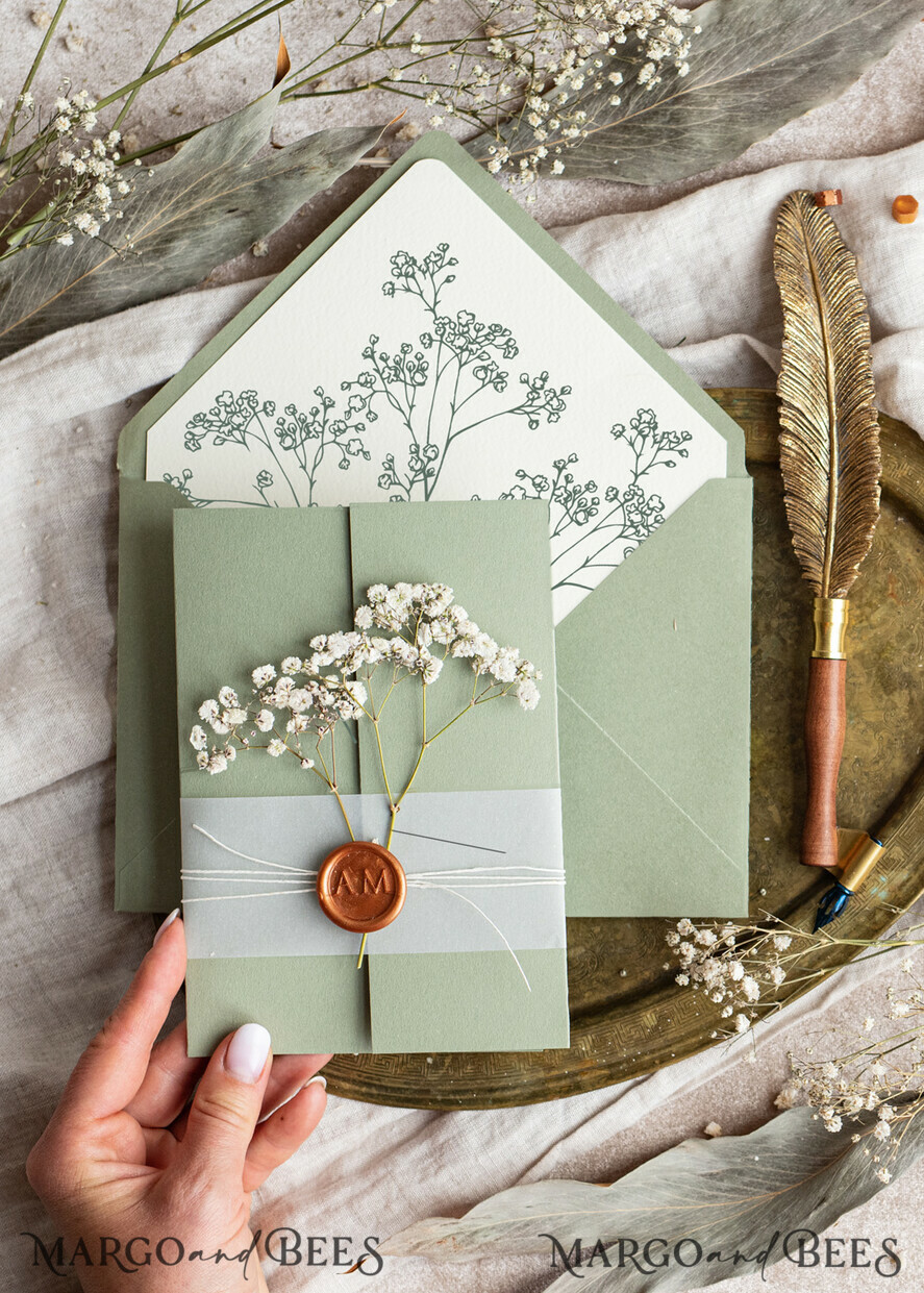 WEDDING INVITATIONS rustic / country / shabby chick Sage green wedding inviation set Natural baby breath flower wedding invitations suite Modern boho wedding invites Grarden Wedding