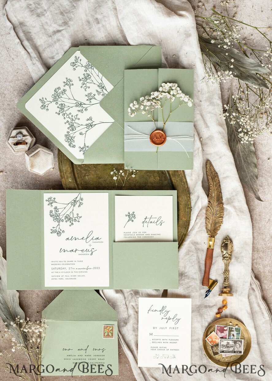 WEDDING INVITATIONS rustic / country / shabby chick Sage green wedding inviation set Natural baby breath flower wedding invitations suite Modern boho wedding invites Grarden Wedding