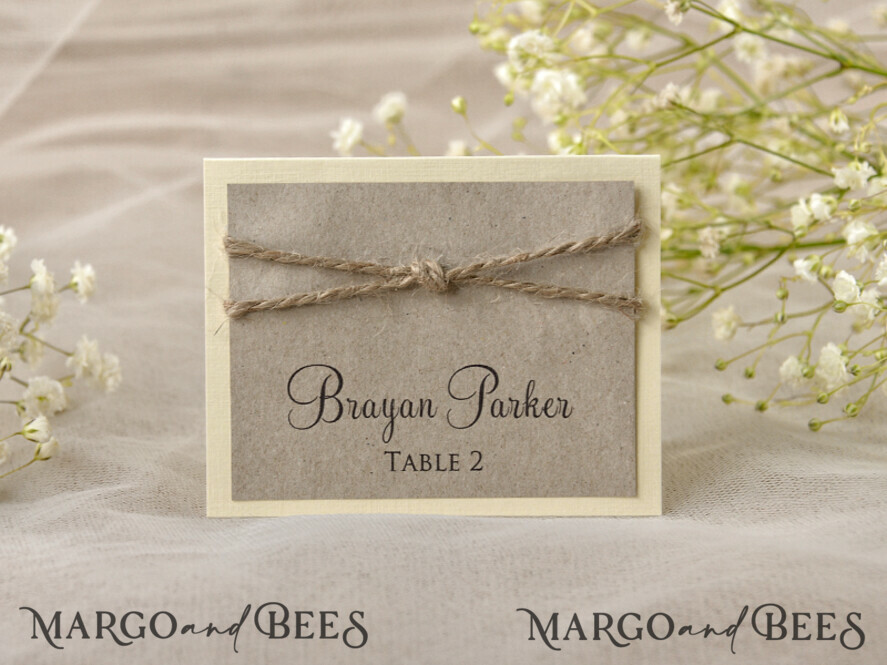 Ivory Eco Wedding Place Cards Grey Wedding Name Tags with Burlap Twine Rustic Wedding Stationery Delicate Wedding Place Cards Custom Wording Place