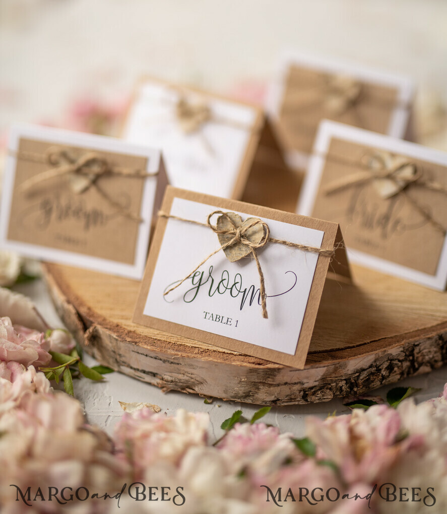 Minimalist Ecru Wedding Place Cards, Rustic Name Tags, Romantic Wedding  Name Tags with flower decor, natural burlap and ecru ribbon bow, Rustic Place  Cards
